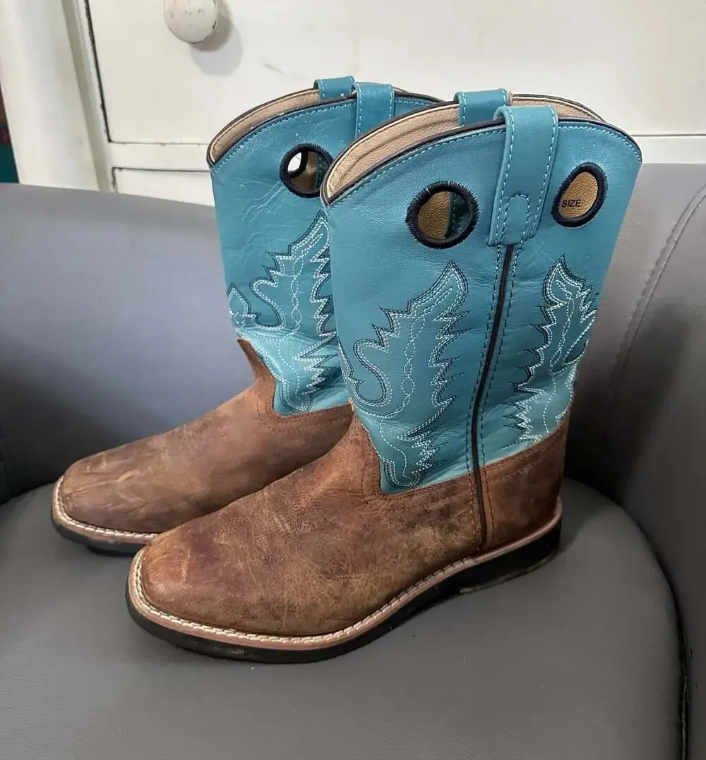 Smoky Mountain Kids' Square Toe Brown Oiled Distress/Turquoise Cowboy Boots 5